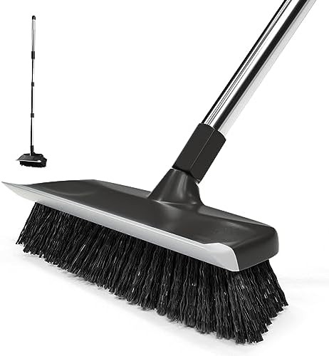 ITTAR 2-in-1 Floor Scrubber Squeegee Brush - 10 Wide Heavy-Duty Cleaning Tool with Black Bristles and Adjustable Handle