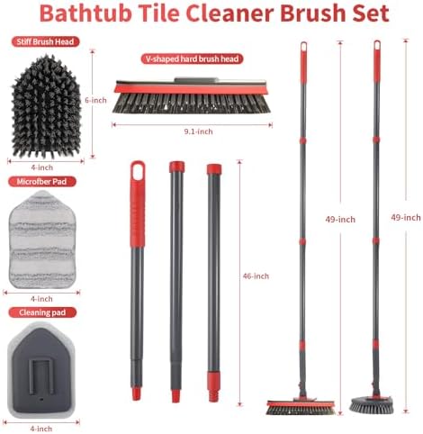 Hohoky Tile Tub Scrubber Brush No Scratch with 4 Cleaning Heads and 51 Long Handle