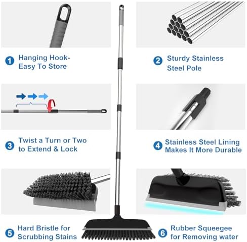 ITTAR 2-in-1 Floor Scrubber Squeegee Brush - 10 Wide Heavy-Duty Cleaning Tool with Black Bristles and Adjustable Handle