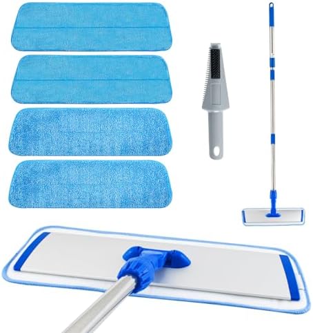 Flat Mop with Adjustable Handle 3 Sections Microfiber Mop Kit 4 Pads