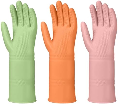 LYKACATT Reusable Rubber Dishwashing Gloves 3 Pairs Non-Slip Kitchen Gloves