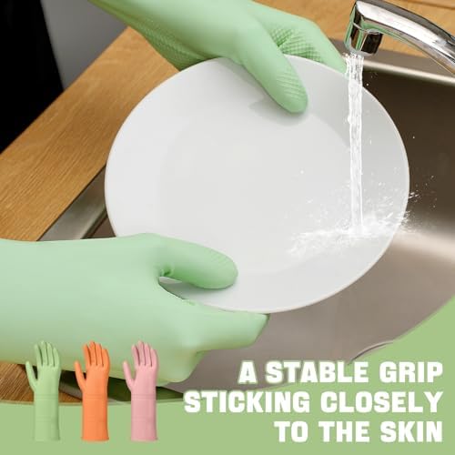 LYKACATT Reusable Rubber Dishwashing Gloves 3 Pairs Non-Slip Kitchen Gloves