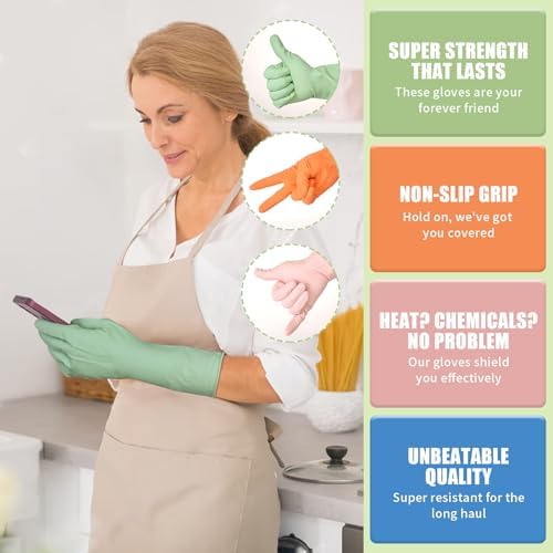 LYKACATT Reusable Rubber Dishwashing Gloves 3 Pairs Non-Slip Kitchen Gloves