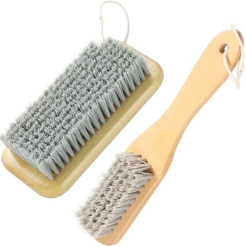 Wood Handle Scrub Brush Set - 2 Pack for Cleaning Clothes Shoes Carpets
