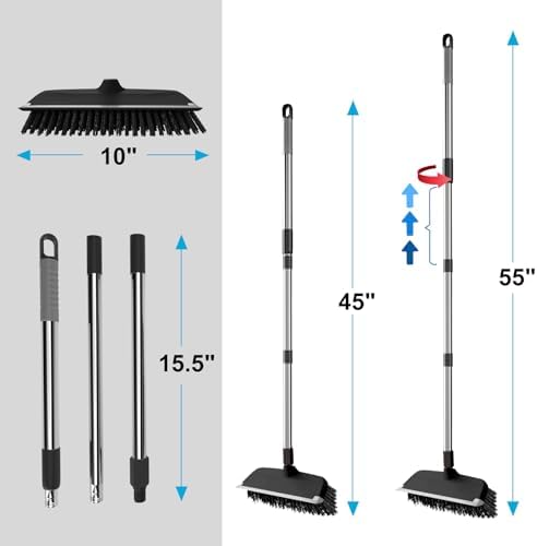 ITTAR 2-in-1 Floor Scrubber Squeegee Brush - 10 Wide Heavy-Duty Cleaning Tool with Black Bristles and Adjustable Handle