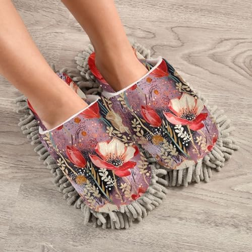 RunningBear Red Flowers Floral Mop Slippers for Women Kitchen Cleaning