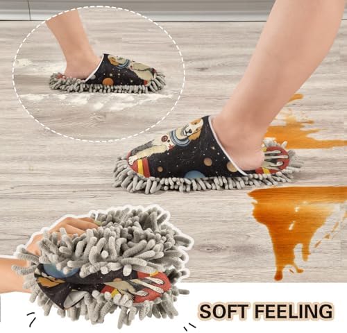 Bulletgxll Space Dog Mopping Slippers - Washable Microfiber Floor Mop Slippers for Men Women