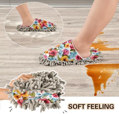 RunningBear Floral Watercolor Mop Slippers for House Cleaning