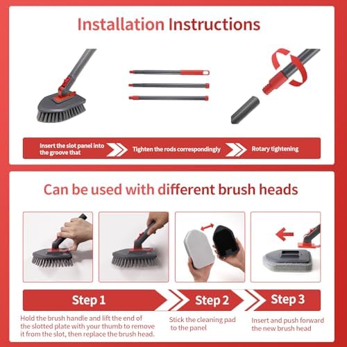 Hohoky Tile Tub Scrubber Brush No Scratch with 4 Cleaning Heads and 51 Long Handle