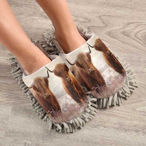 Highland Cow Cleaning Slippers with Microfiber Mop Pads