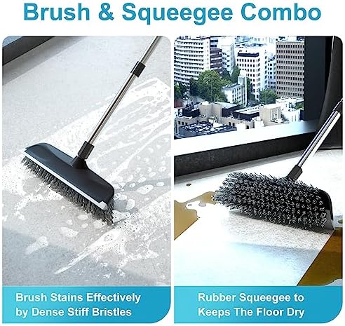 ITTAR 2-in-1 Floor Scrubber Squeegee Brush - 10 Wide Heavy-Duty Cleaning Tool with Black Bristles and Adjustable Handle