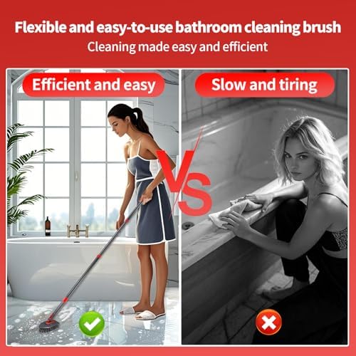 Hohoky Tile Tub Scrubber Brush No Scratch with 4 Cleaning Heads and 51 Long Handle