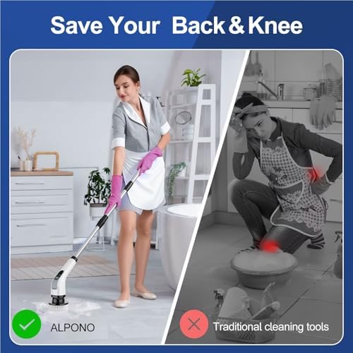 ALPONO Electric Spin Scrubber with 7 Heads - Cordless Power Shower Brush for Bathrooms and Tiles Black