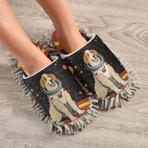 Bulletgxll Space Dog Mopping Slippers - Washable Microfiber Floor Mop Slippers for Men Women