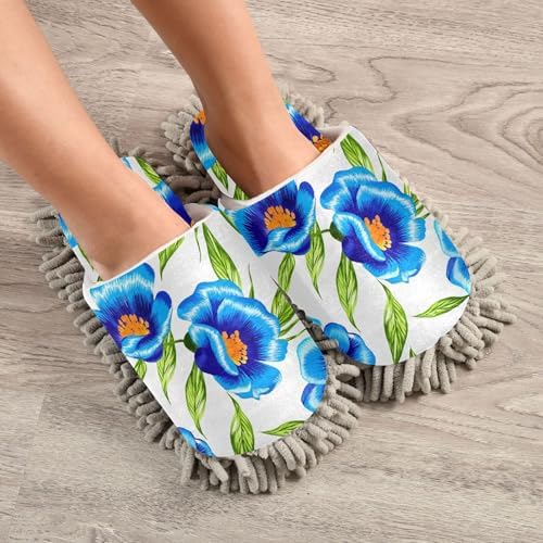 Burbuja Blue Flowers Mop Slippers - Absorbent Washable Unisex