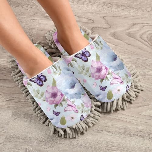Flowers Butterfly Blue Mop Slippers for Women