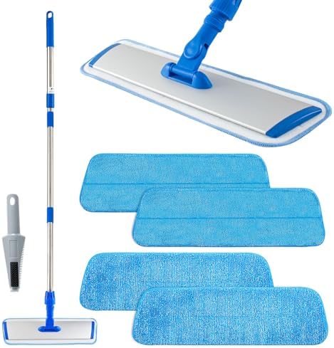 Flat Mop with Adjustable Handle 3 Sections Microfiber Mop Kit 4 Pads