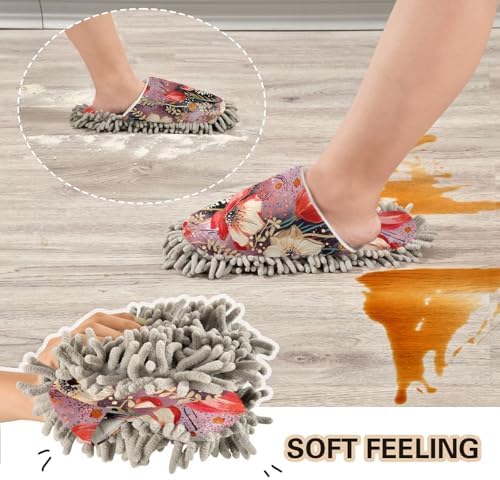 RunningBear Red Flowers Floral Mop Slippers for Women Kitchen Cleaning