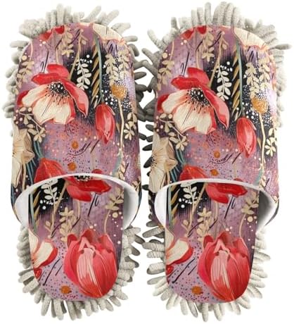 RunningBear Red Flowers Floral Mop Slippers for Women Kitchen Cleaning