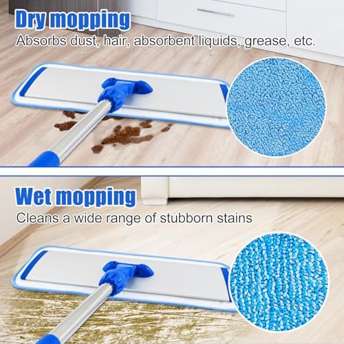 Flat Mop with Adjustable Handle 3 Sections Microfiber Mop Kit 4 Pads