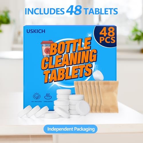 USKICH Water Bottle Tablets 48 Pack - Stainless Steel Plastic Cleaner