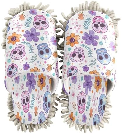 Colorful Skulls Cleaning Slippers with Microfiber Mop