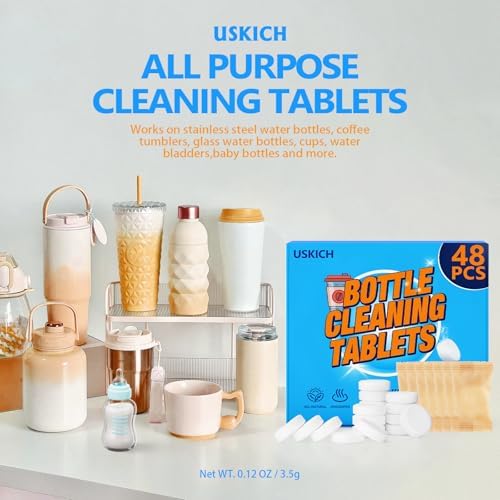 USKICH Water Bottle Tablets 48 Pack - Stainless Steel Plastic Cleaner