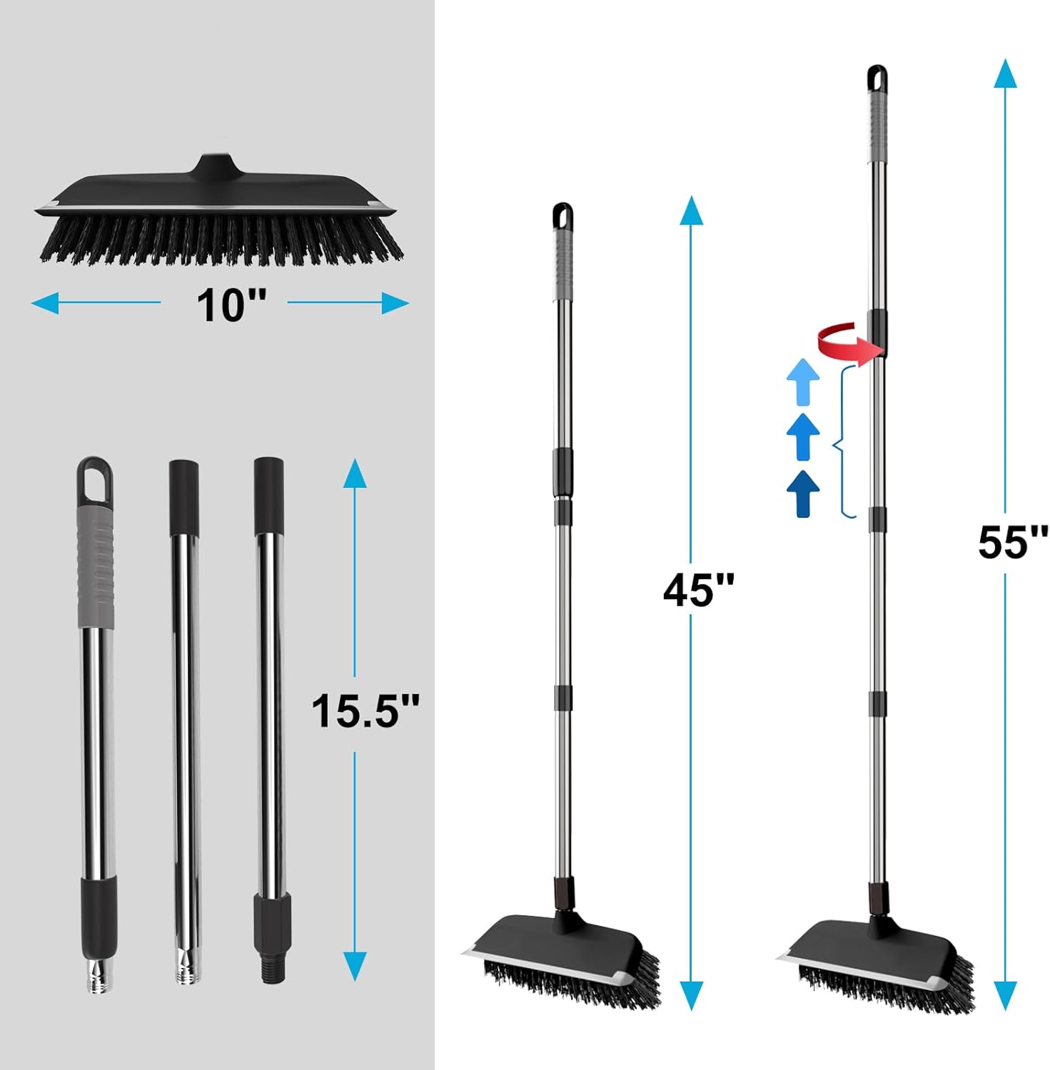 ITTAR 2-in-1 Floor Scrubber Squeegee Brush - 10 Wide Heavy-Duty Cleaning Tool with Black Bristles and Adjustable Handle