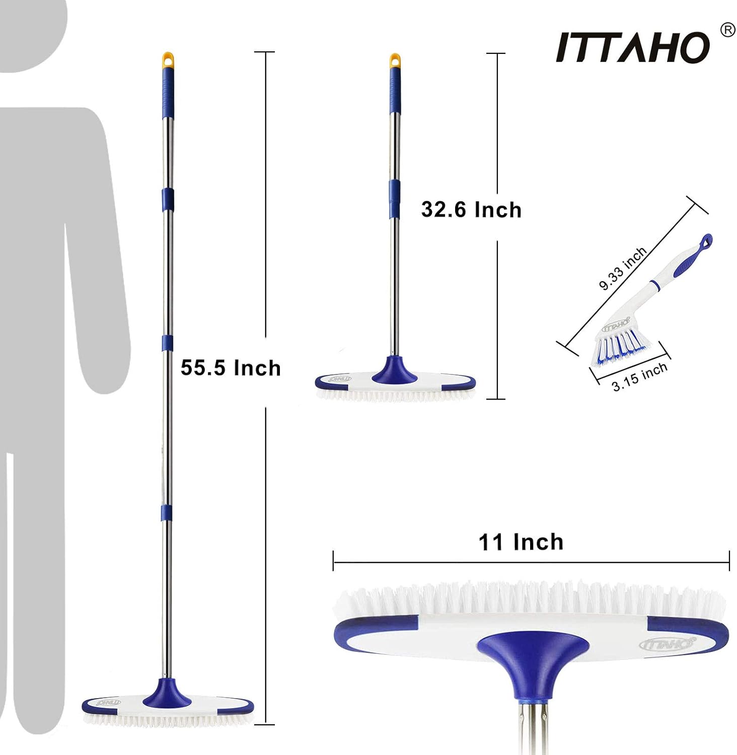 ITTAHO Floor Scrub Brush with 53 Long Handle - Deck Grout Cleaning Tool Set