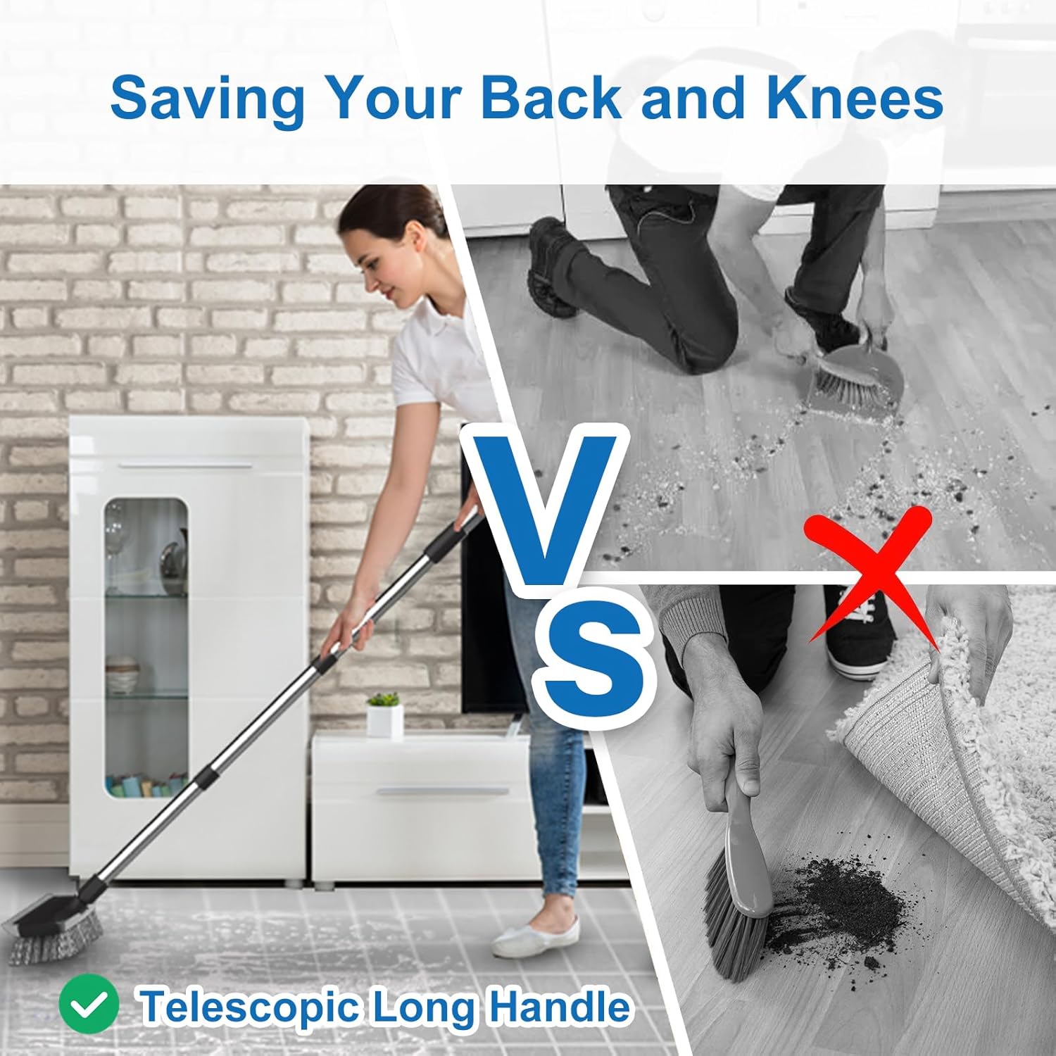 ITTAR 2-in-1 Floor Scrubber Squeegee Brush - 10 Wide Heavy-Duty Cleaning Tool with Black Bristles and Adjustable Handle