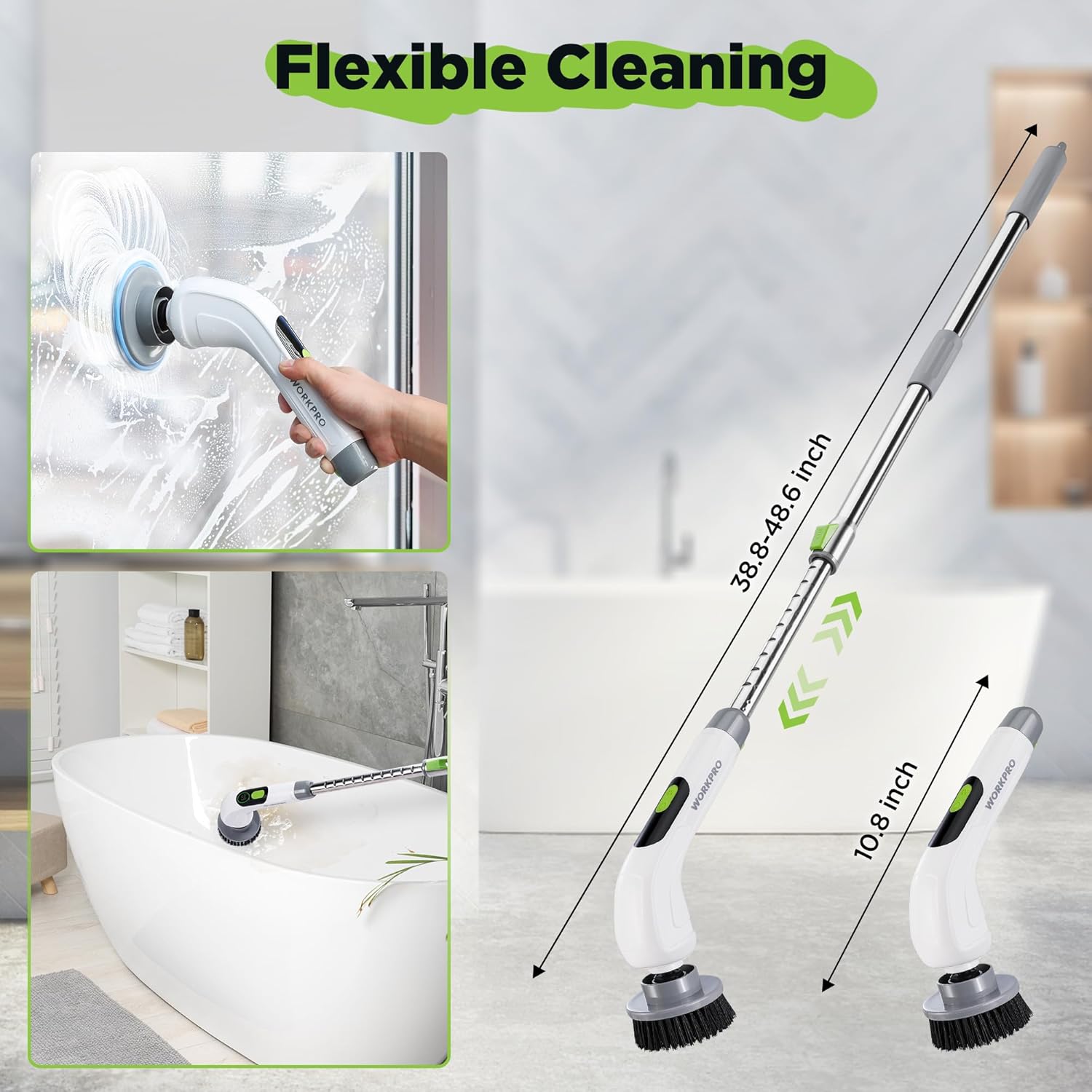 WORKPRO Electric Spin Scrubber Cordless 3-Speed Waterproof 8 Brush Heads
