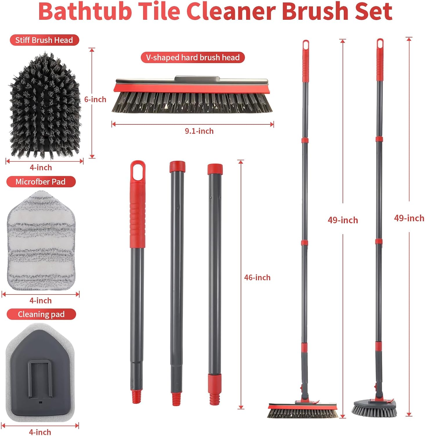 Hohoky Tile Tub Scrubber Brush No Scratch with 4 Cleaning Heads and 51 Long Handle