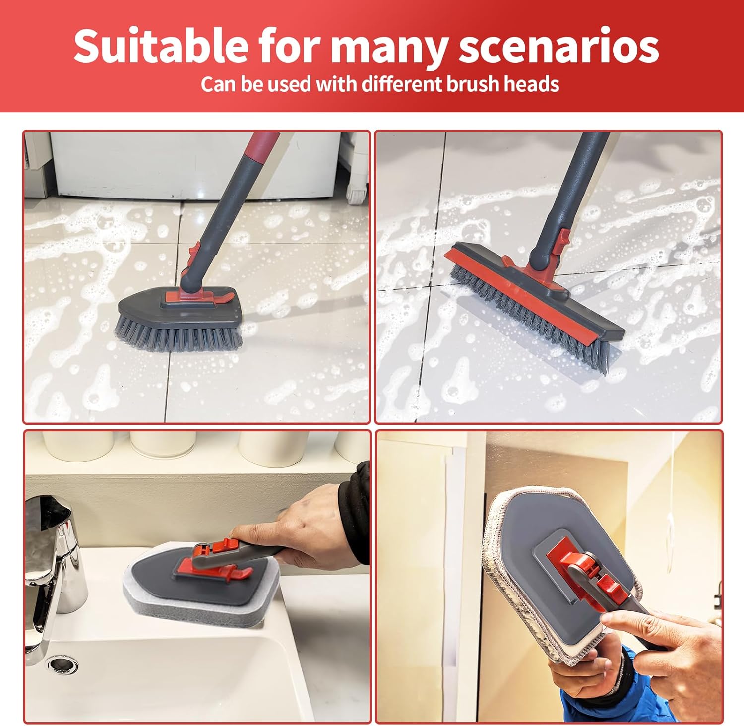 Hohoky Tile Tub Scrubber Brush No Scratch with 4 Cleaning Heads and 51 Long Handle