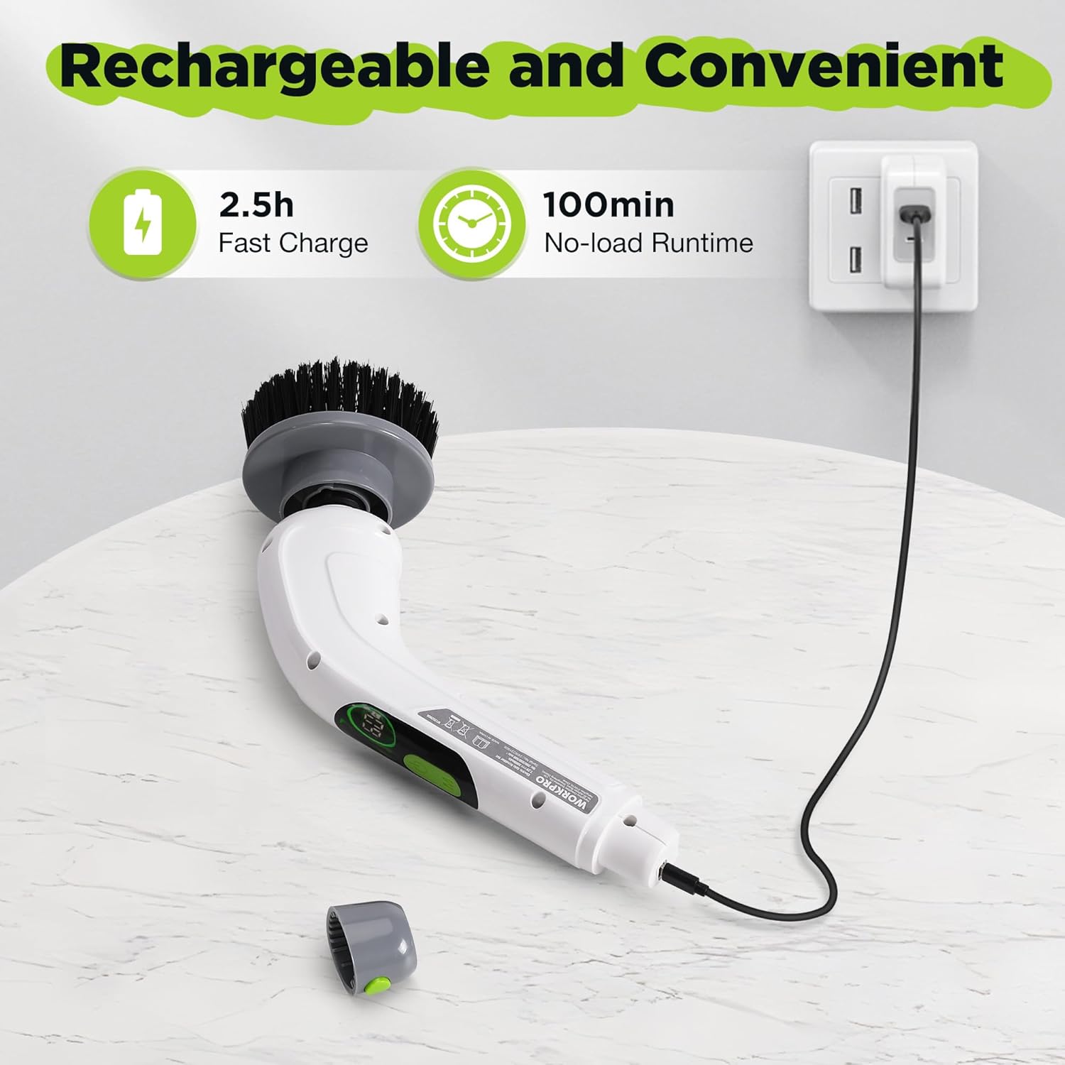 WORKPRO Electric Spin Scrubber Cordless 3-Speed Waterproof 8 Brush Heads