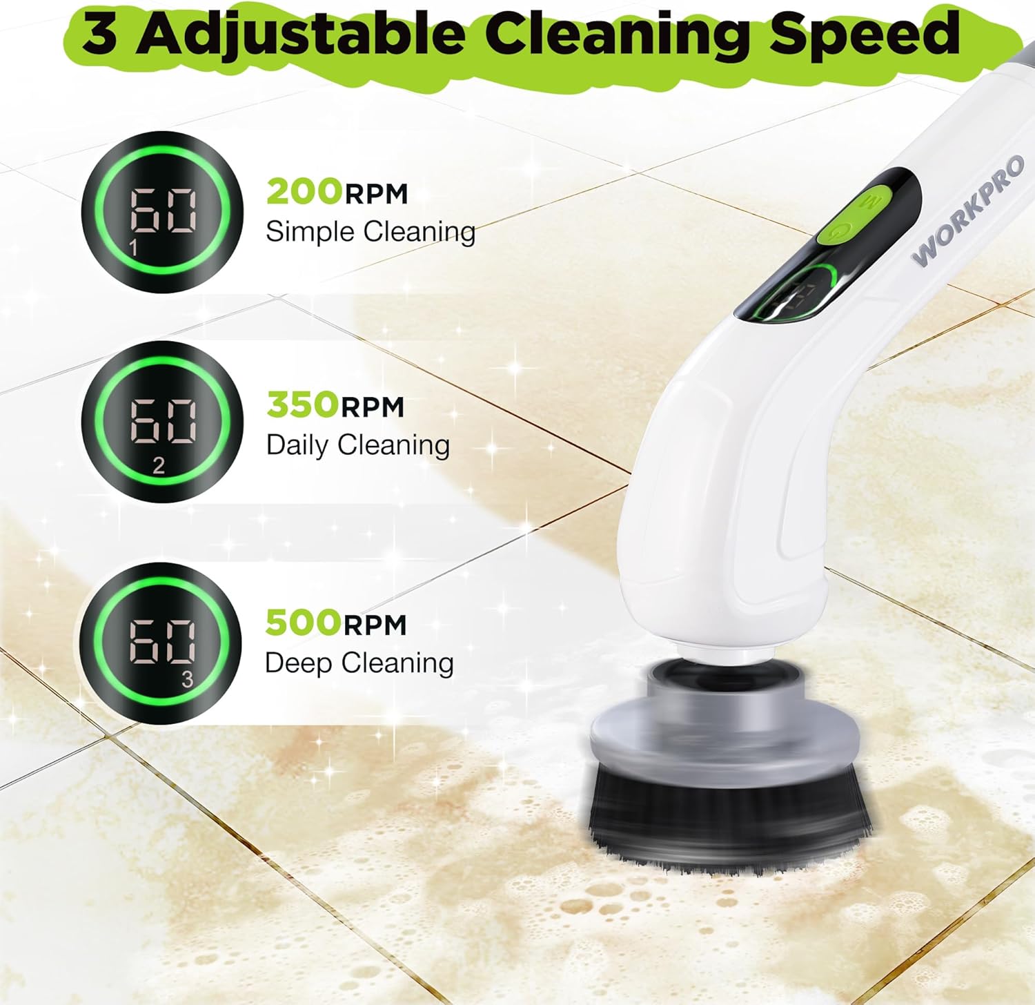 WORKPRO Electric Spin Scrubber Cordless 3-Speed Waterproof 8 Brush Heads