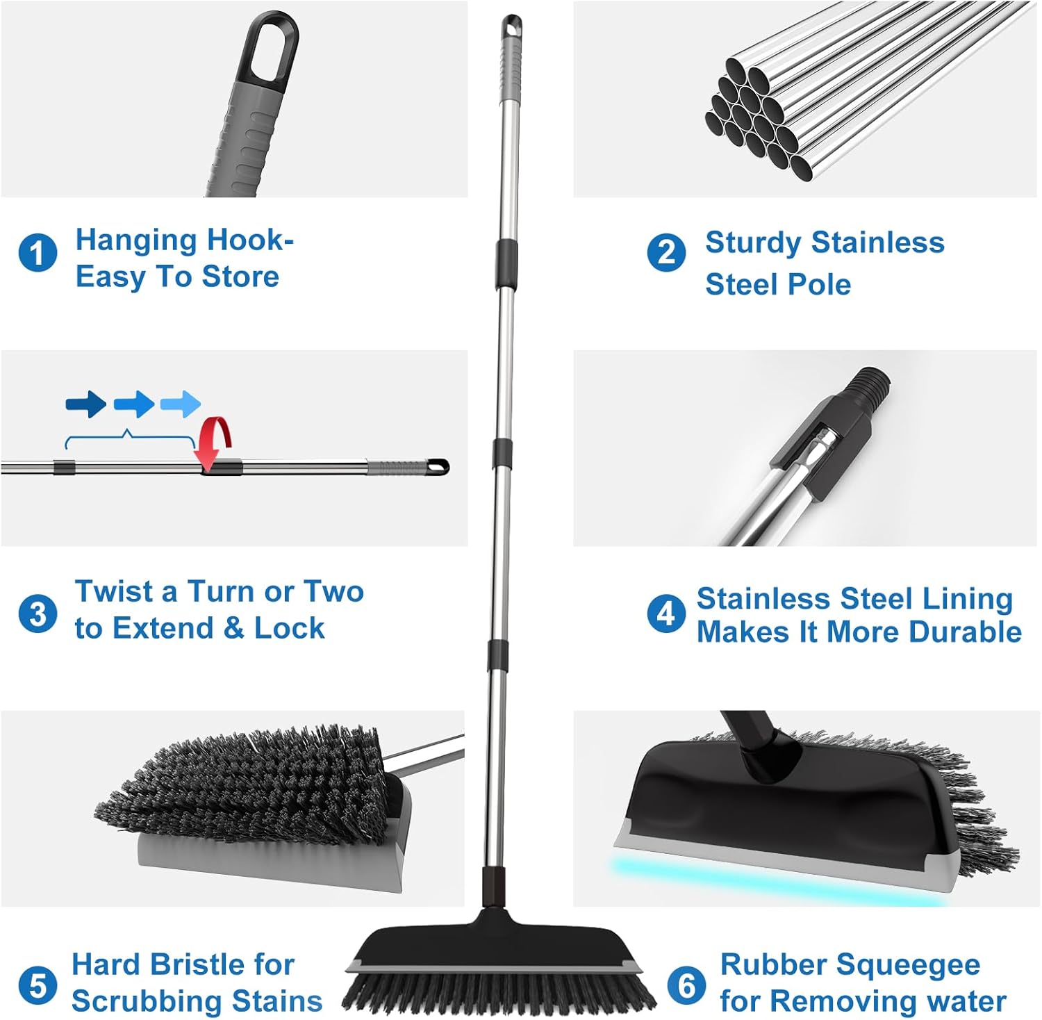 ITTAR 2-in-1 Floor Scrubber Squeegee Brush - 10 Wide Heavy-Duty Cleaning Tool with Black Bristles and Adjustable Handle
