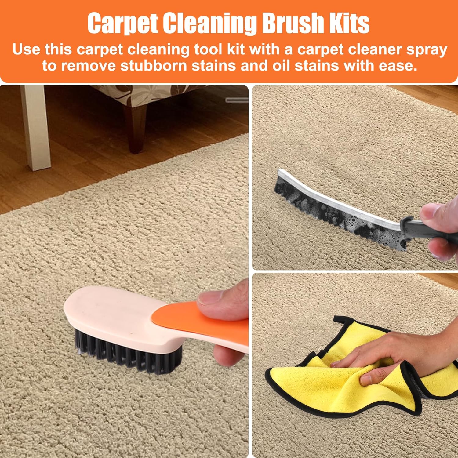 XANGNIER 5Pcs Carpet Scrub Brush Kit - Stiff Bristle Crevice Leaning Cloth for Home Car Cleaning