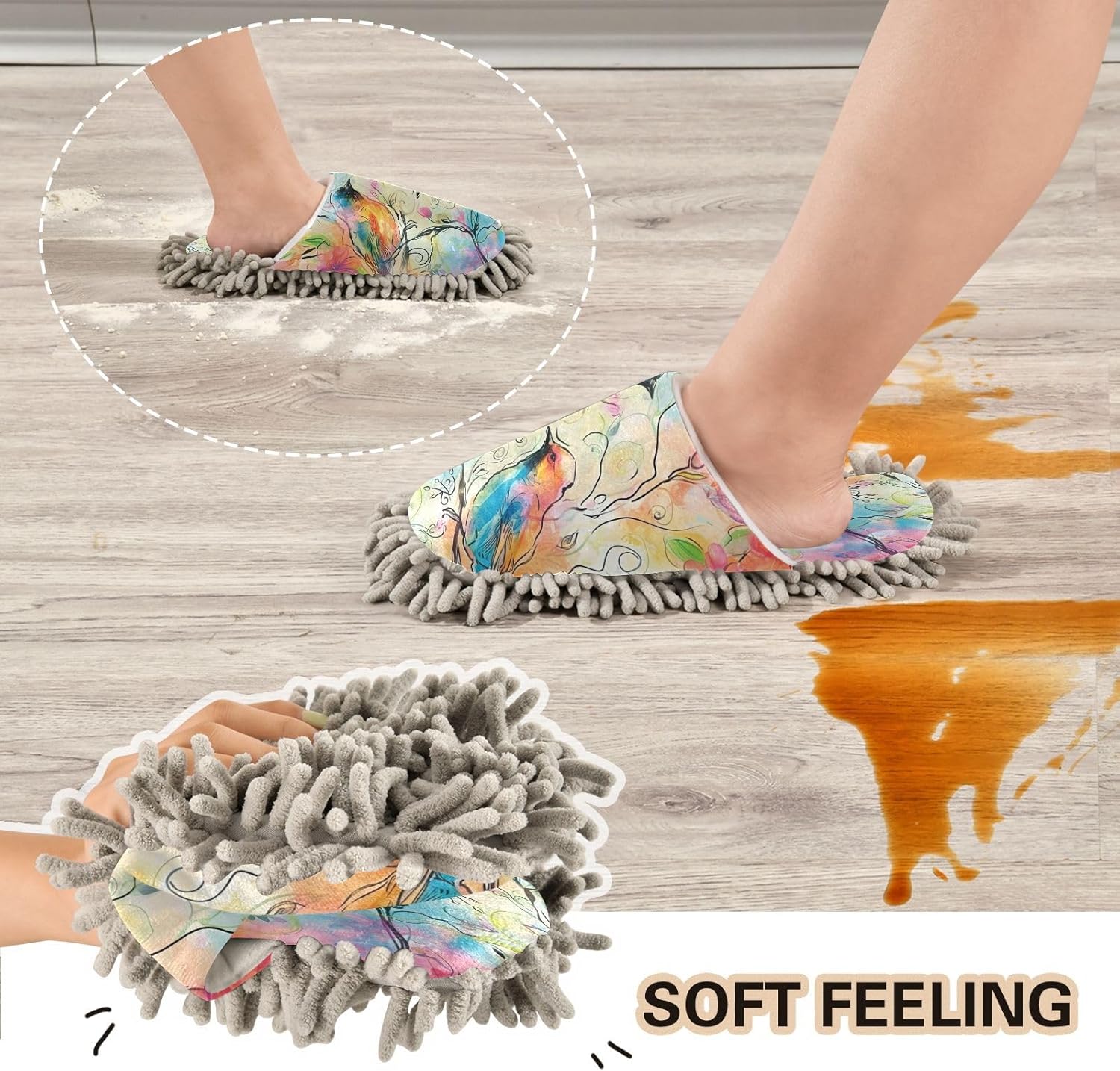Bulletgxll Colorful Flowers Mop Slippers - Washable Floor Cleaner for Men Women