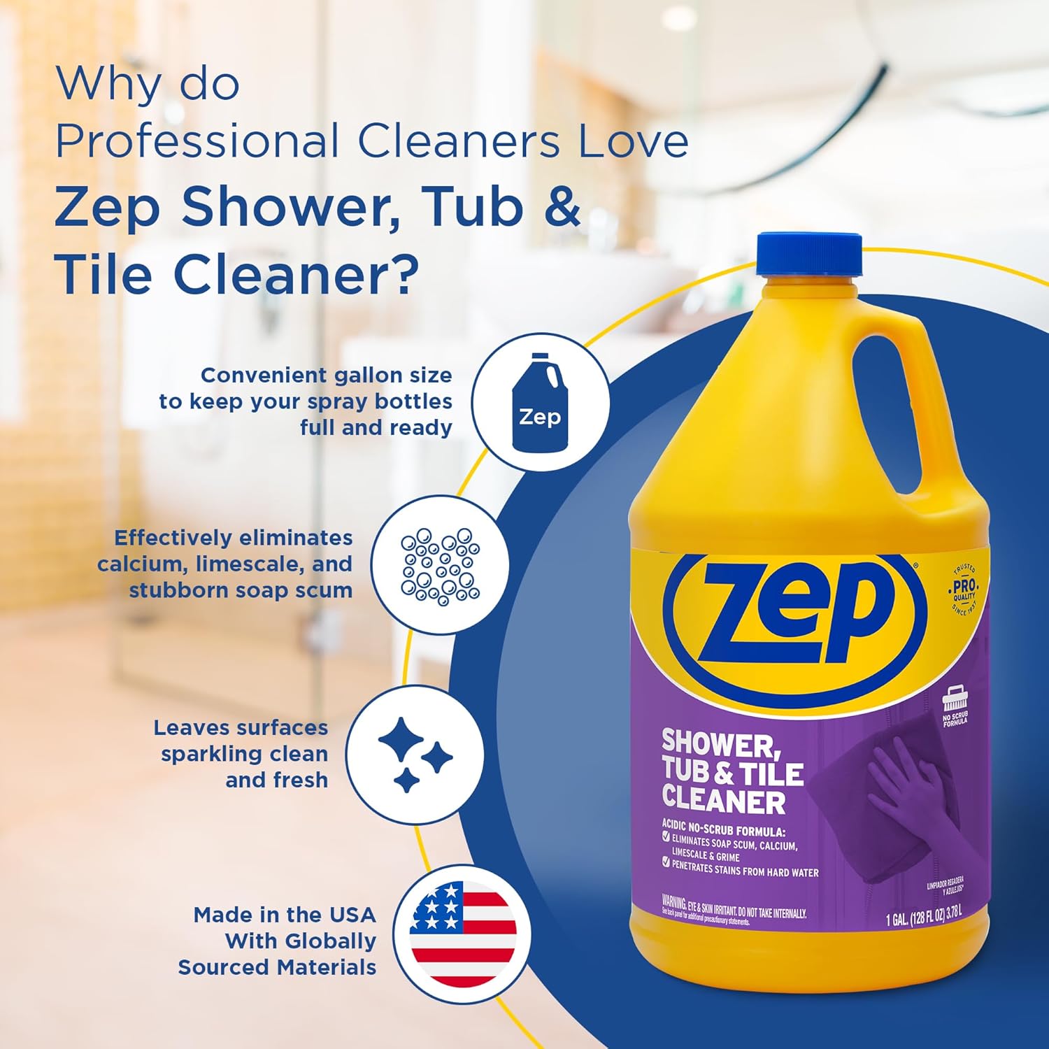 Zep Shower Tub Tile Cleaner 1 Gallon Case of 2 - No Scrub Pro Formula