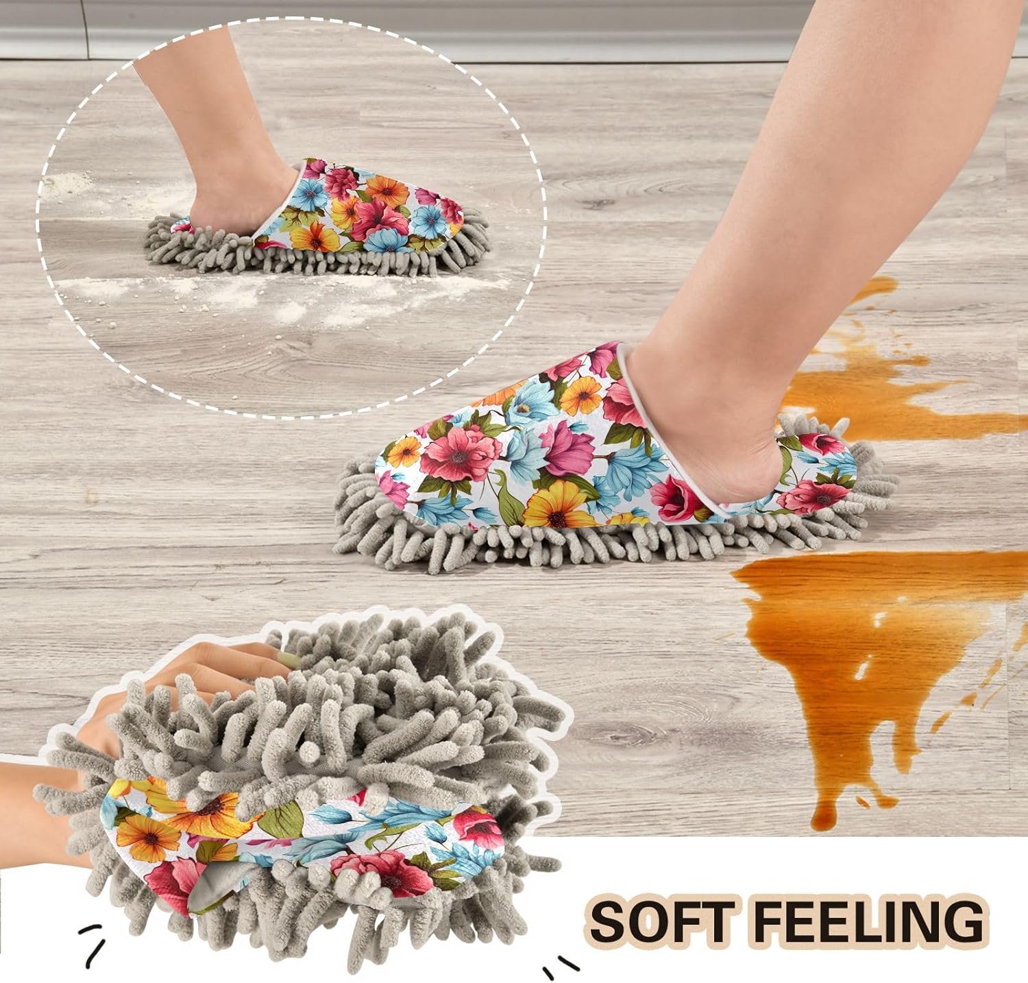 RunningBear Floral Watercolor Mop Slippers for House Cleaning