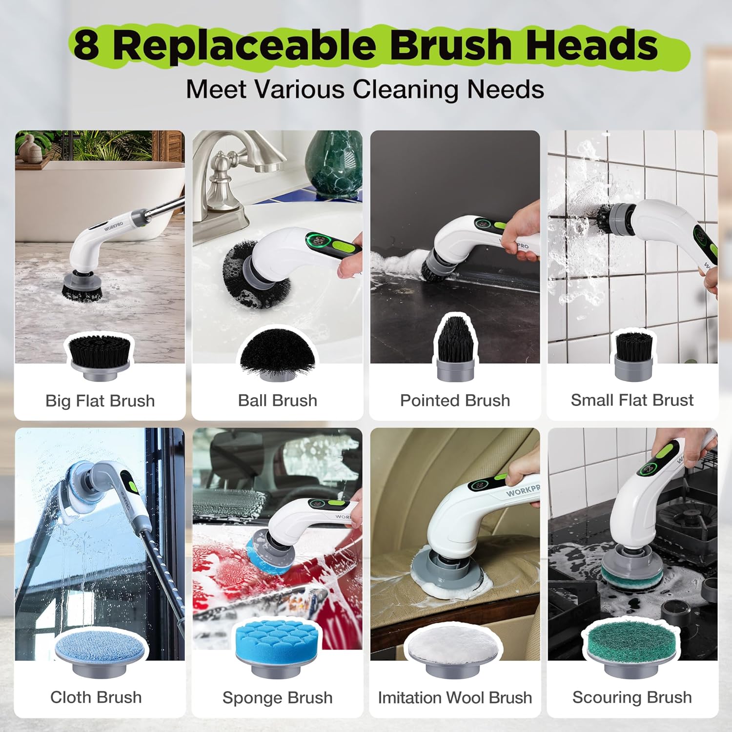 WORKPRO Electric Spin Scrubber Cordless 3-Speed Waterproof 8 Brush Heads