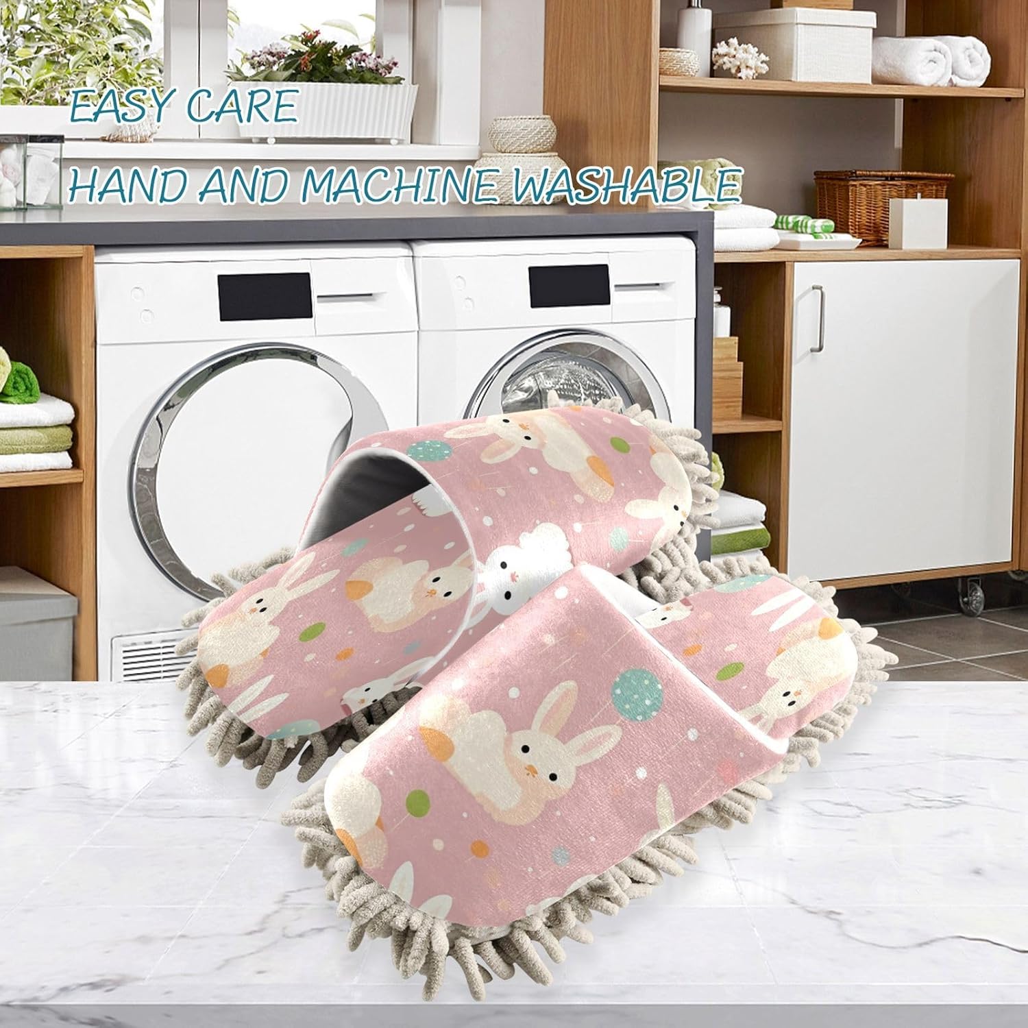 Pink Bunnies Microfiber Cleaning Slippers - Washable Floor Mop Slippers for Men Women