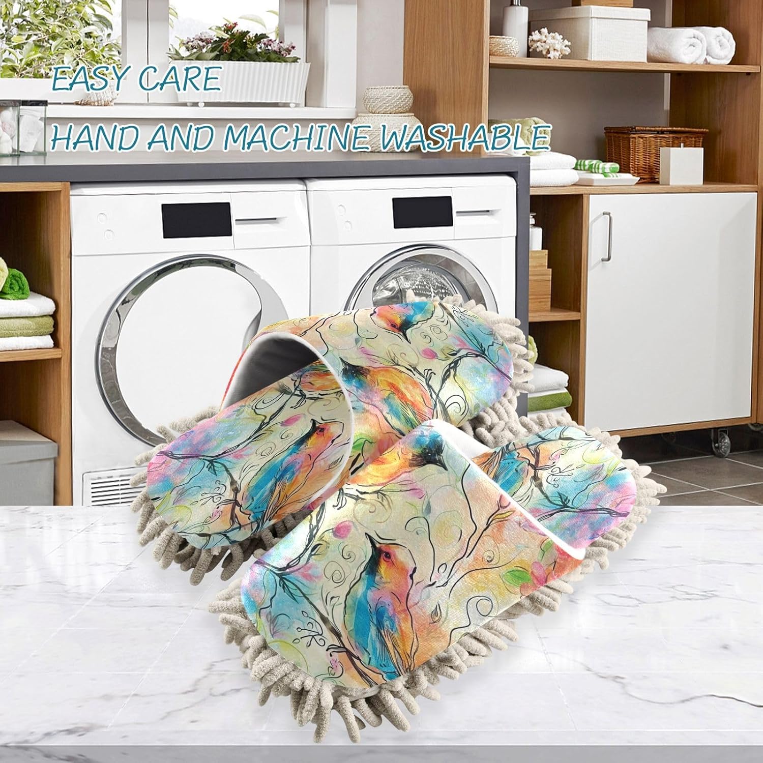 Bulletgxll Colorful Flowers Mop Slippers - Washable Floor Cleaner for Men Women