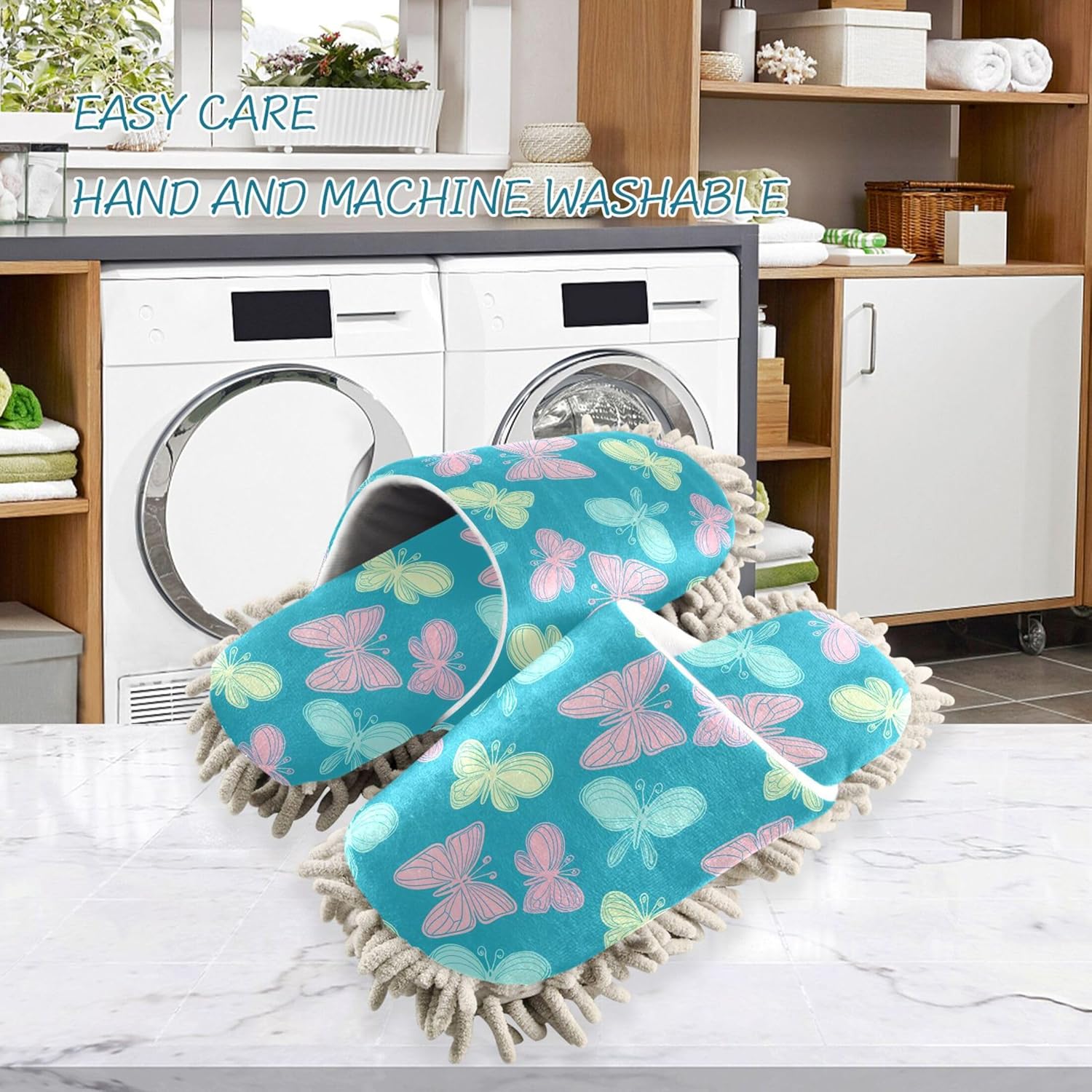 Burbuja Butterflies Mop Slippers Microfiber Cleaning Slippers Washable Dust Slippers for Women Men Home Kitchen