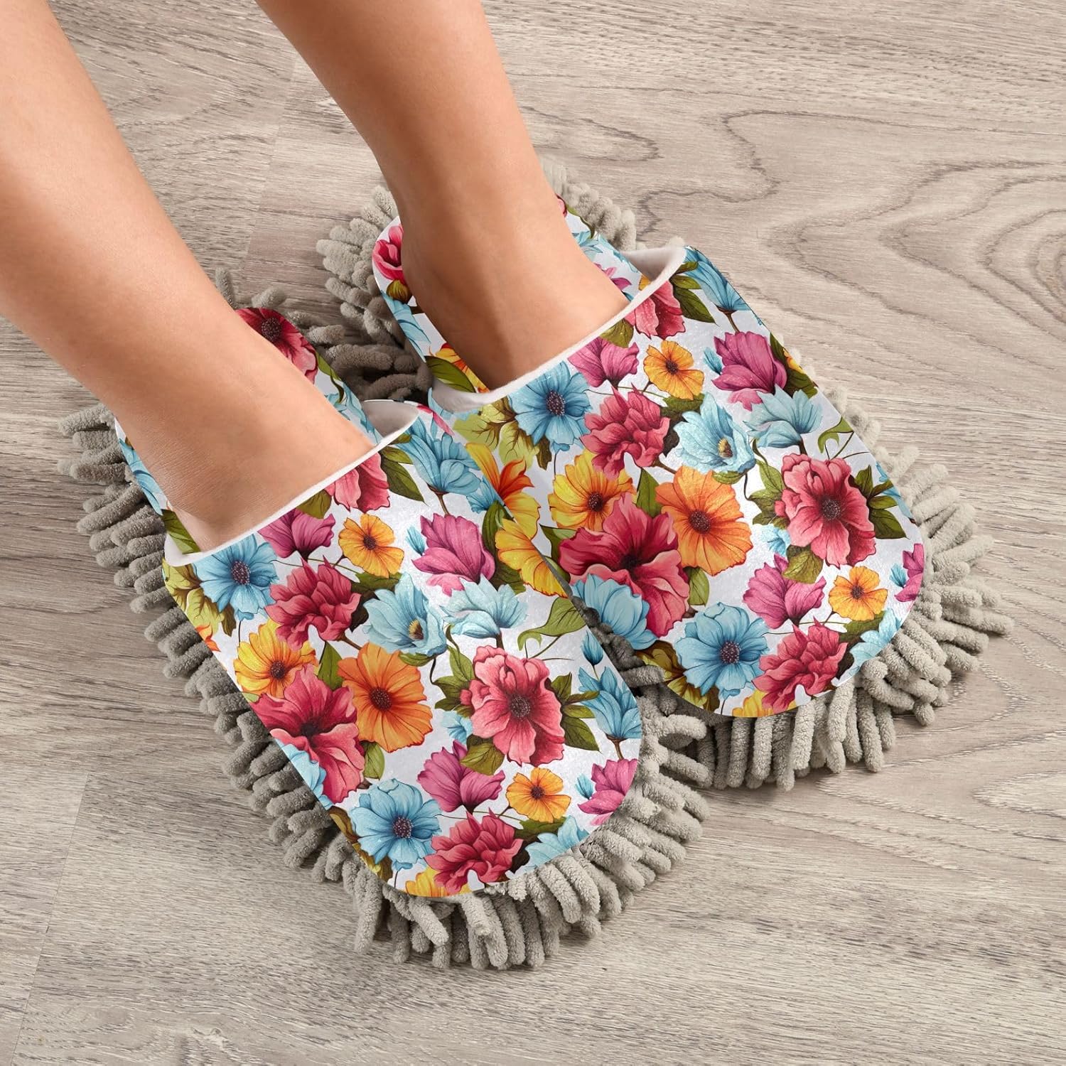 RunningBear Floral Watercolor Mop Slippers for House Cleaning
