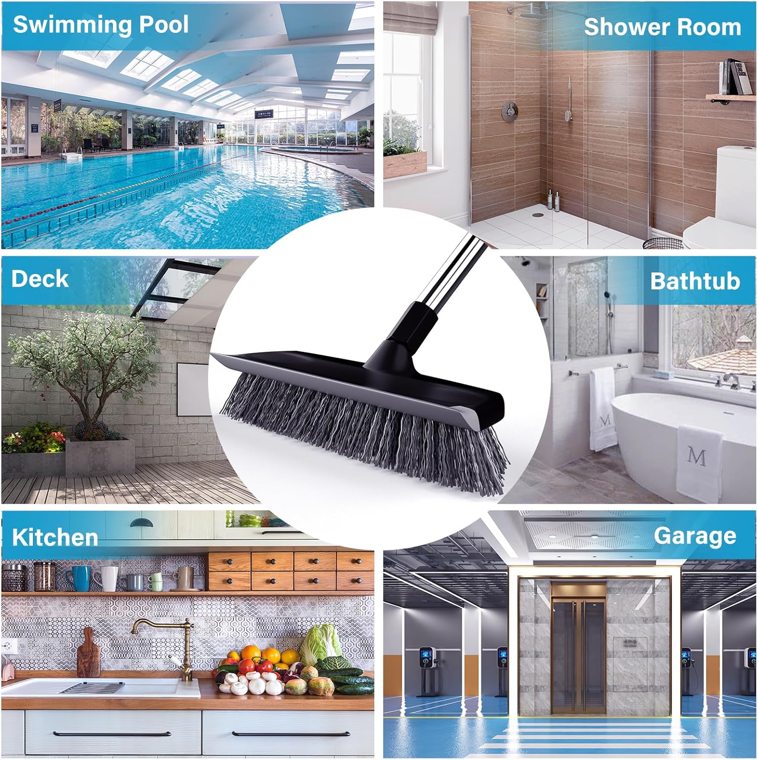 ITTAR 2-in-1 Floor Scrubber Squeegee Brush - 10 Wide Heavy-Duty Cleaning Tool with Black Bristles and Adjustable Handle