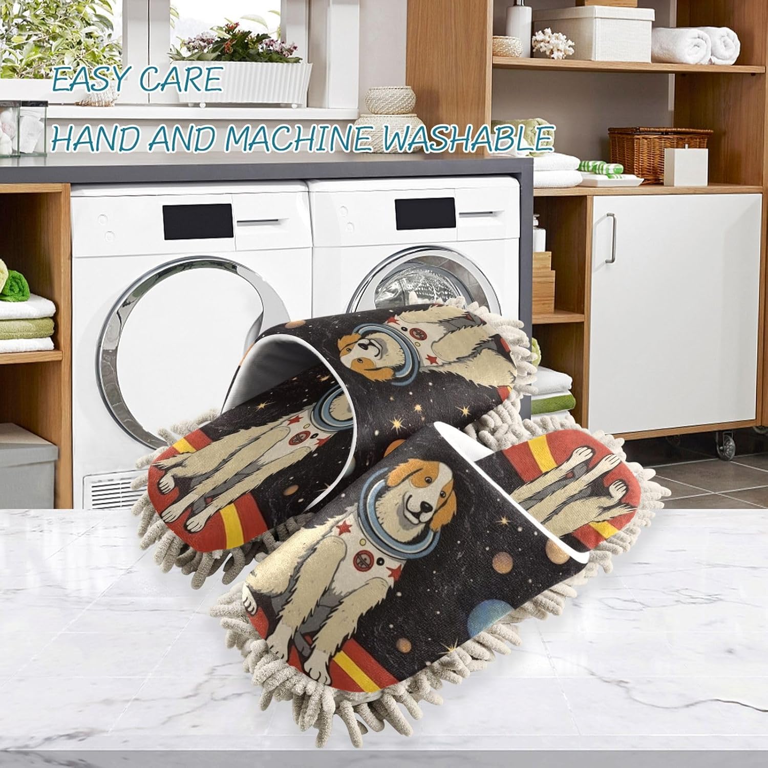 Bulletgxll Space Dog Mopping Slippers - Washable Microfiber Floor Mop Slippers for Men Women