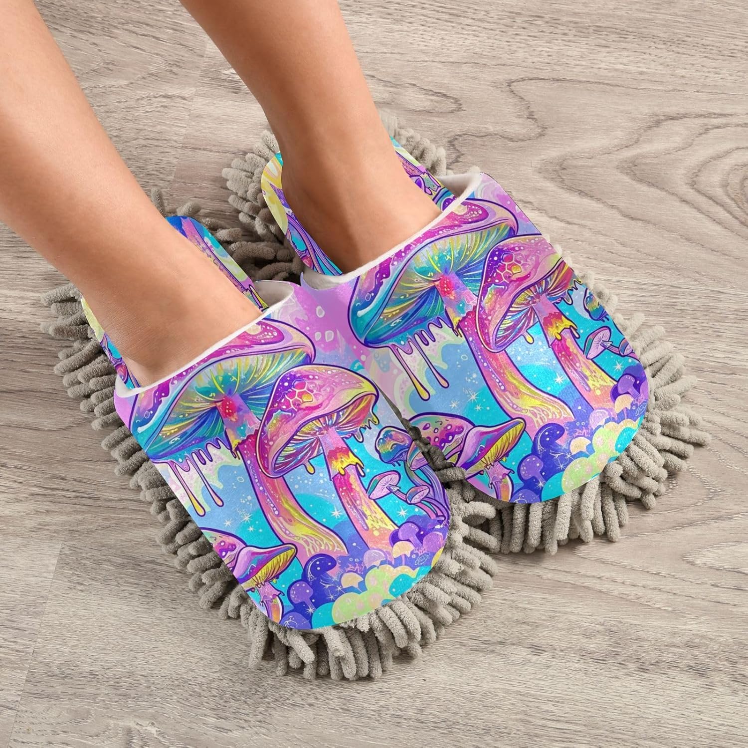 Bulletgxll Colorful Mushrooms Mop Slippers - Washable Floor Mop for Men Women