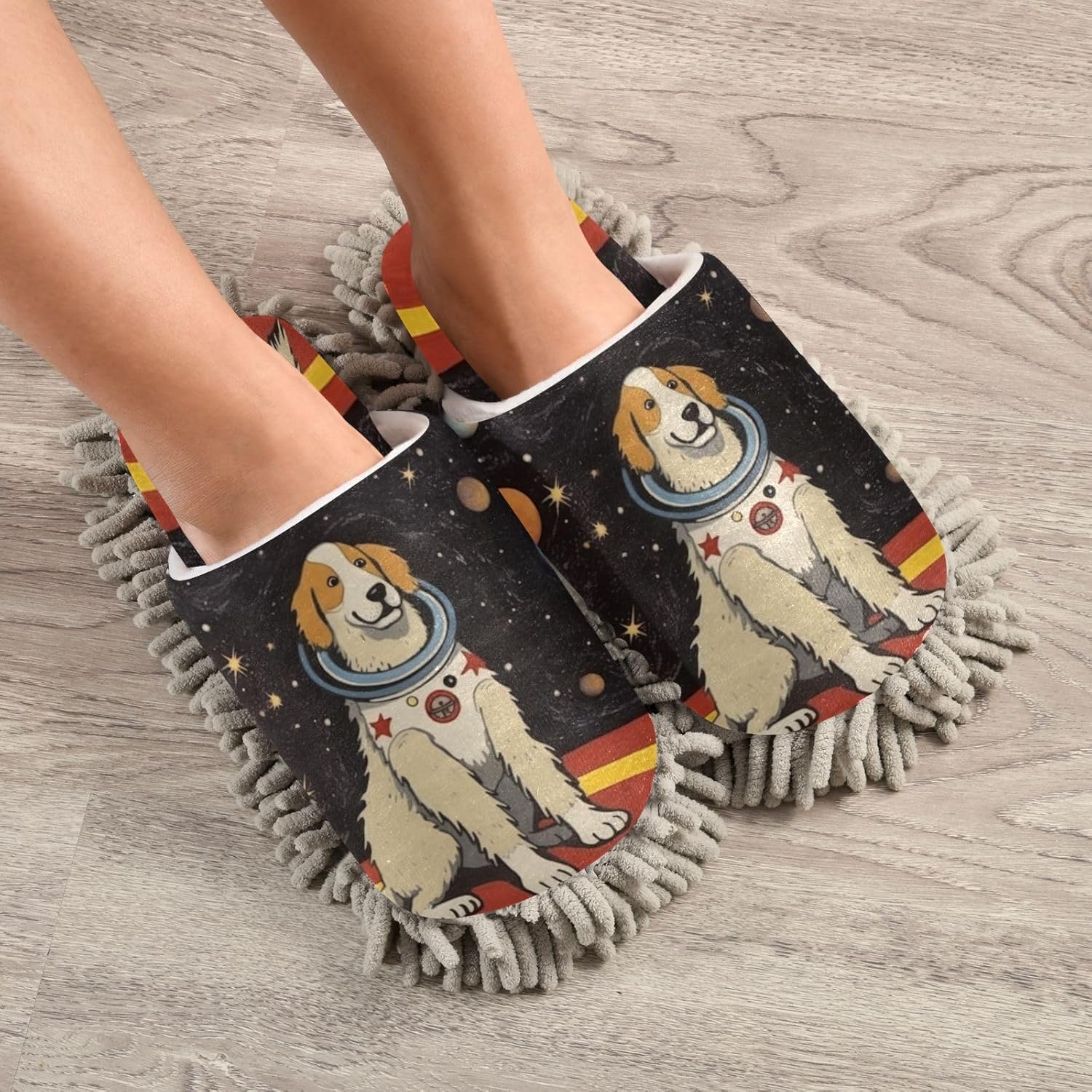 Bulletgxll Space Dog Mopping Slippers - Washable Microfiber Floor Mop Slippers for Men Women