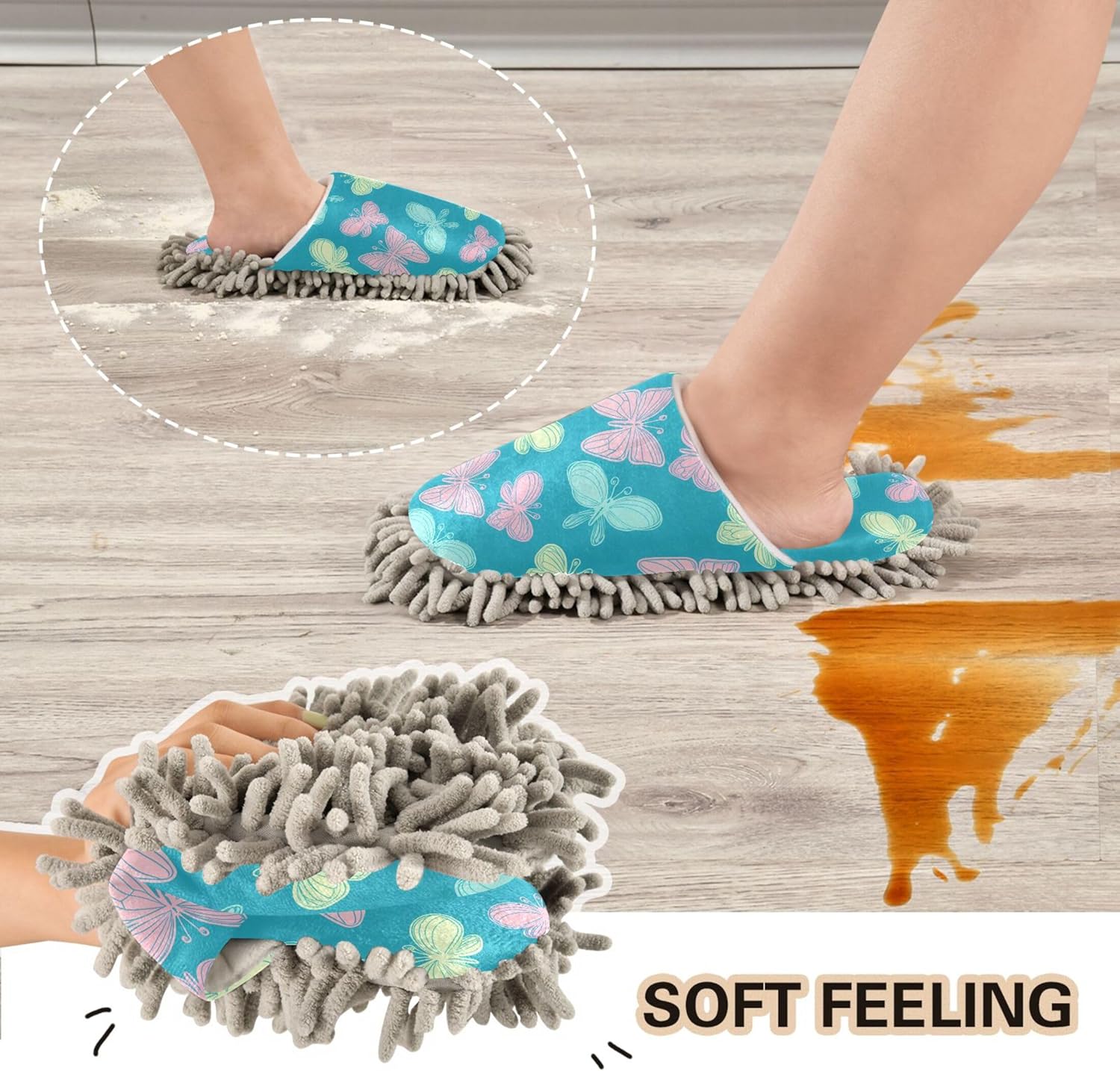Burbuja Butterflies Mop Slippers Microfiber Cleaning Slippers Washable Dust Slippers for Women Men Home Kitchen